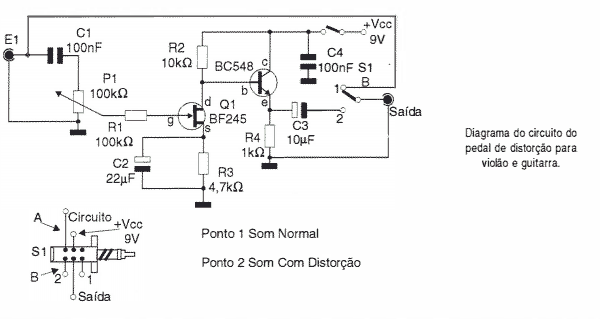 Circuito de Pedal de Distorção para Guitarra