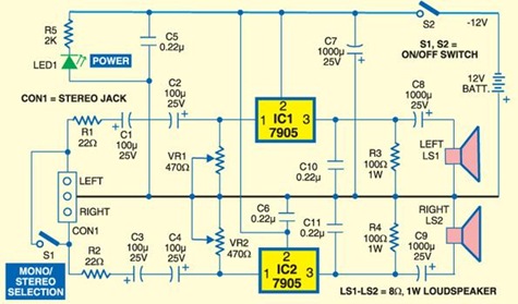 Amplificador de Potência Estéreo Usando IC Regulador 7905