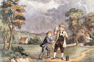 Benjamin Franklin fazendo a experiencia da pipa com seu filho