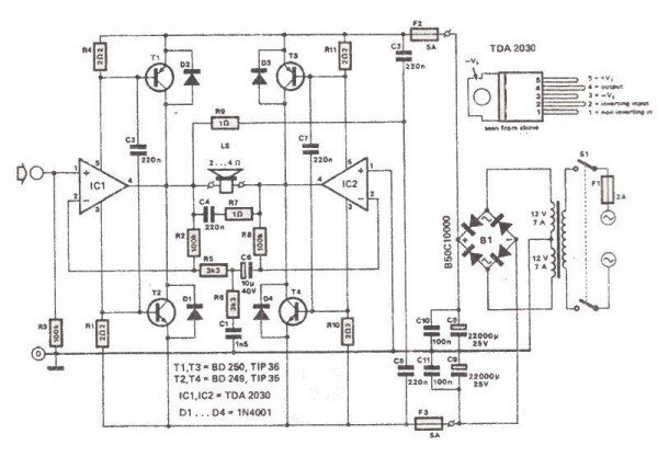 Circuito Amplificador 200 Watts usando TDA2030