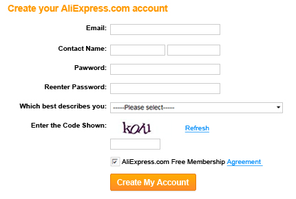 abra uma conta no Aliexpress